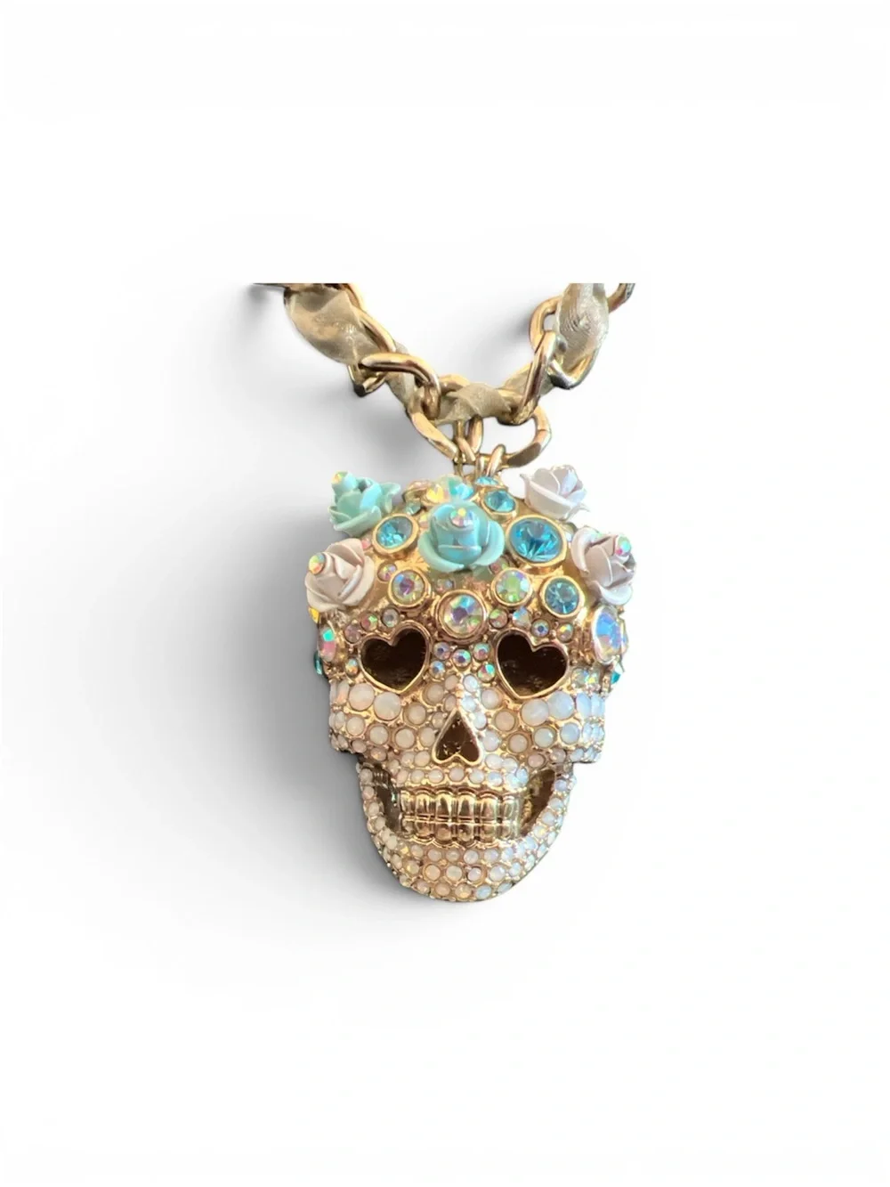 Betsey Johnson Gold Skull Pendant Necklace w Crystal Flowers-that grill!! - Picture 1 of 6
